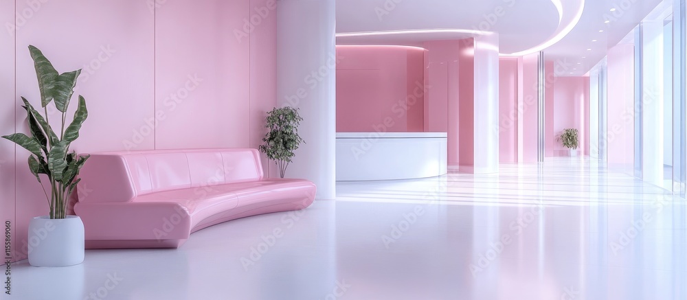 Poster 3d rendering of modern corporate office lobby with pink sofa and bright copyspace for text display