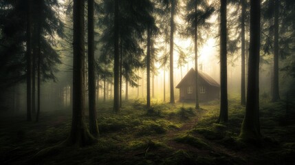 Naklejka premium Secluded Cabin in Misty Forest at Sunrise 
