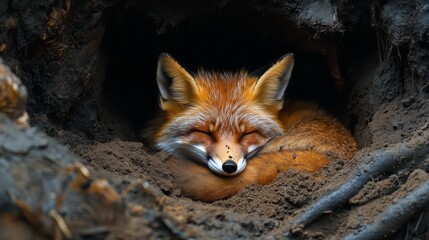 Red fox resting peacefully in its burrow during the day in a natural habitat