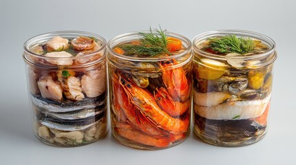 Assorted Glass Jars of Preserved Fish and Seafood in Oil with Fresh Garnish on Gray Background