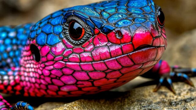Colorful lizard resting on a rock in a natural habitat showcasing vibrant blue and pink patterns