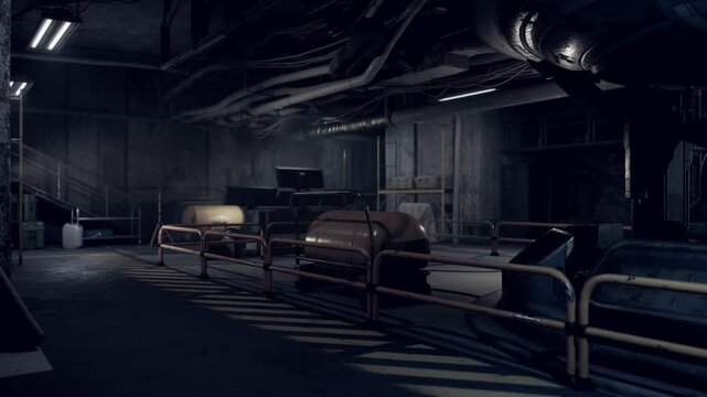 The interior of an underground bunker features various industrial machines, dim lighting, and a sense of abandonment. Piping and structures create a mysterious atmosphere in the space.