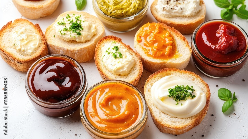 Aufkleber assorted crostini with various spreads and sauces displayed from above on white background