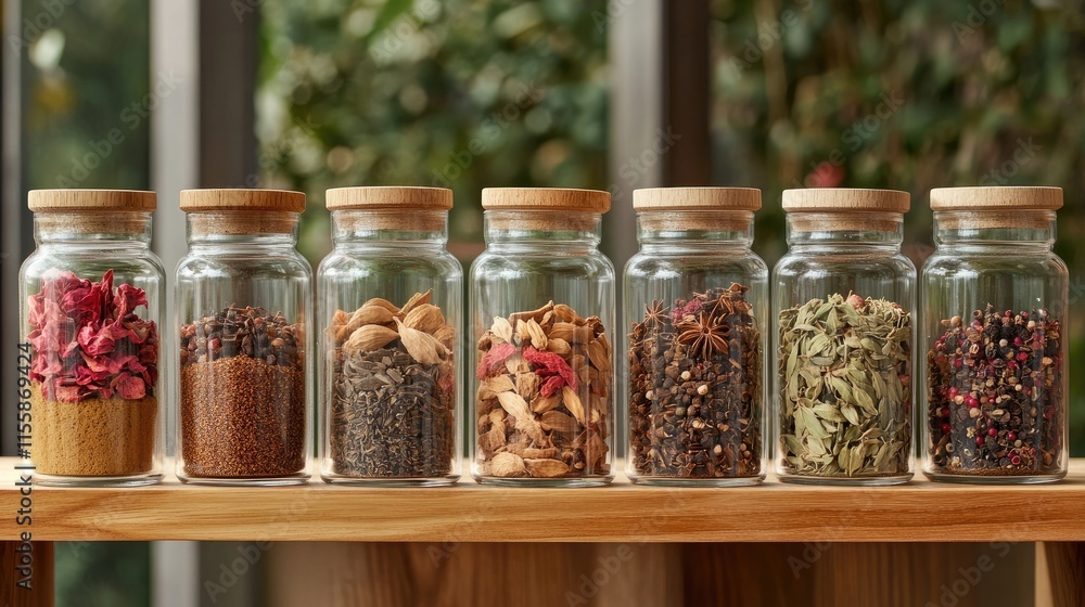 Poster assorted aromatic spices in glass jars arranged on wooden shelf with greenery in the background capt