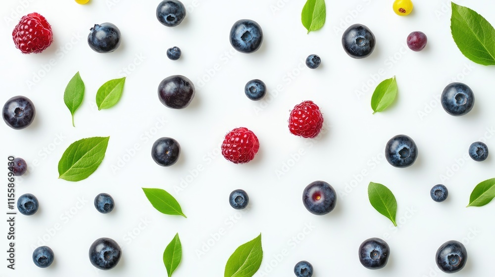 Poster Assorted berries and leaves arranged on a white background creating a vibrant natural pattern for culinary or health-related use
