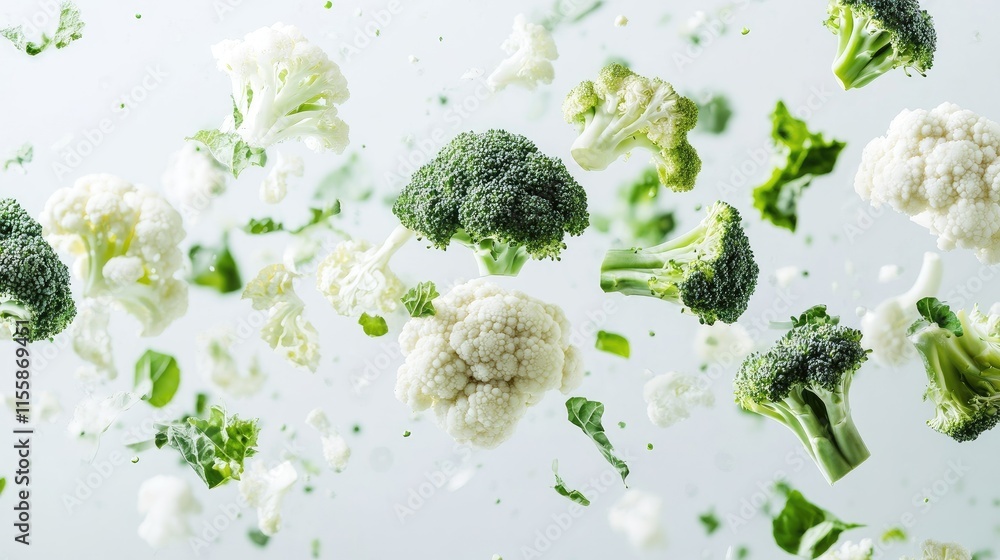 Poster fresh broccoli and cauliflower vegetables floating against a bright white background creating a vibr