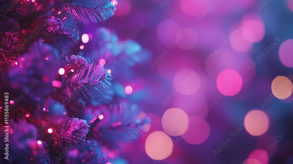 Poster aesthetic christmas tree with colorful bokeh lights and empty copy space for festive text placement