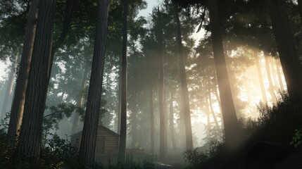 Naklejka premium Sunbeams Through the Redwood Canopy: Golden sunlight pierces through a dense forest of towering redwoods, casting ethereal beams of light that illuminate the misty morning air.