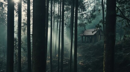 Obraz premium Secluded Cabin in the Misty Forest: A rustic wooden cabin nestled deep within a dense forest, shrouded in ethereal mist, evokes a sense of solitude and tranquility.