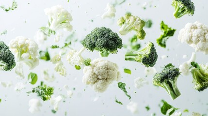Fresh broccoli and cauliflower vegetables floating against a bright white background creating a vibrant and dynamic food scene