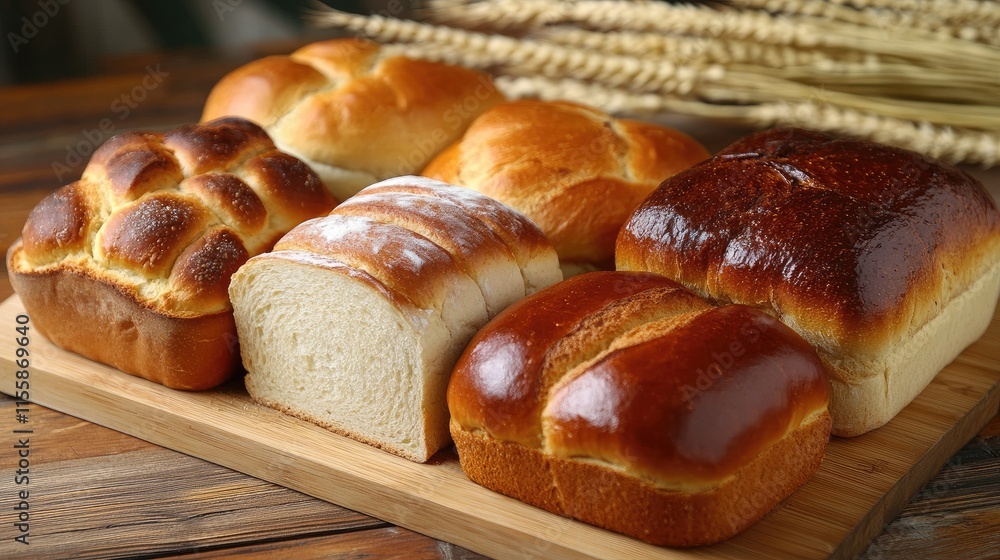 Poster assorted fresh baked breads arranged on a wooden board with wheat ears creating a rustic and invitin