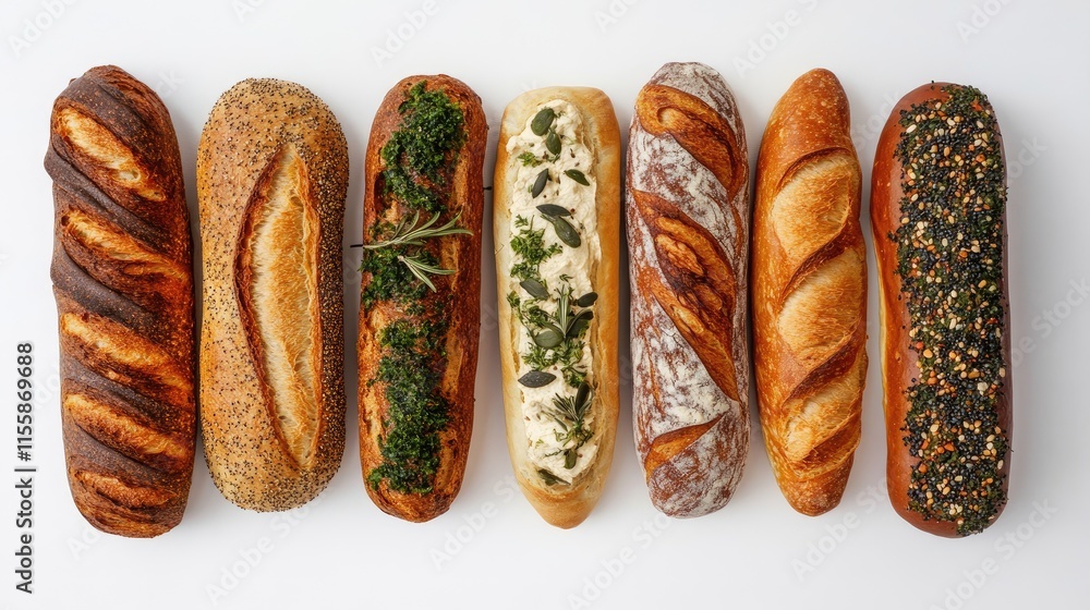 Poster assorted artisanal breads with diverse toppings arranged in a row on a clean white background for cu