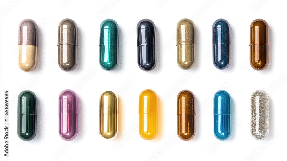 Poster assorted colorful capsules arranged in a grid on a white background showcasing various shapes and co