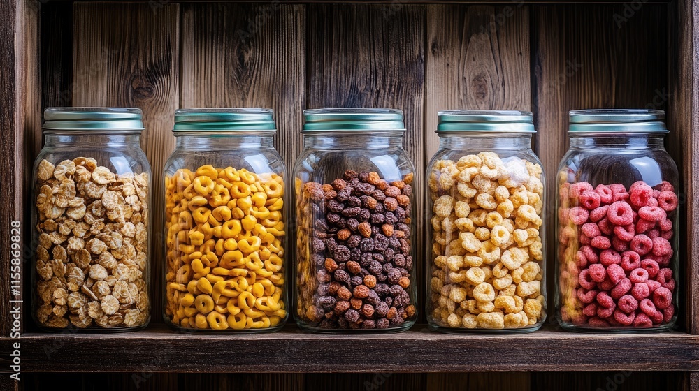 Poster assorted cereal jars neatly arranged on a wooden shelf showcasing vibrant colors and textures for a 