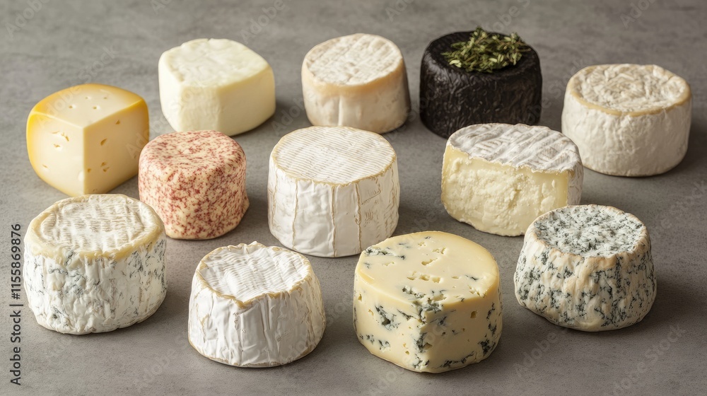 Aufkleber assorted gourmet cheese varieties arranged on a textured gray background showcasing unique shapes an