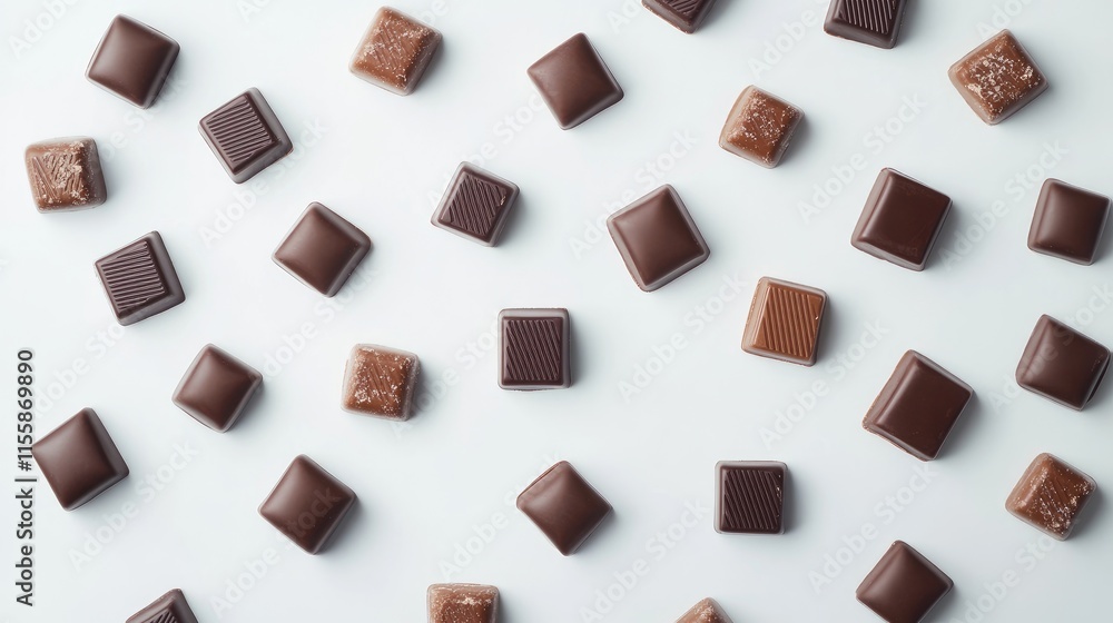 Poster assorted chocolate pieces arranged on a light background viewed from above showcasing various shapes
