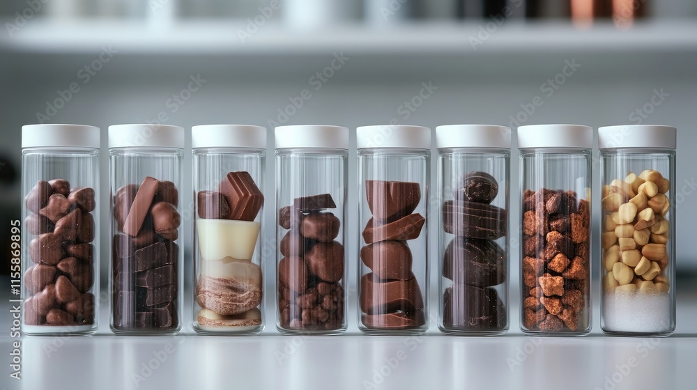 Poster assorted chocolate candies arranged in transparent jars showcasing various shapes and textures on a 