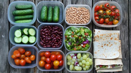 Healthy meal prep featuring assorted vegetables, cherry tomatoes, beans, and wraps in containers on a rustic wood background flat lay.
