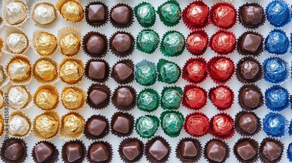 Poster colorful array of assorted chocolates in vibrant wrappers showcasing delightful flavors and textures