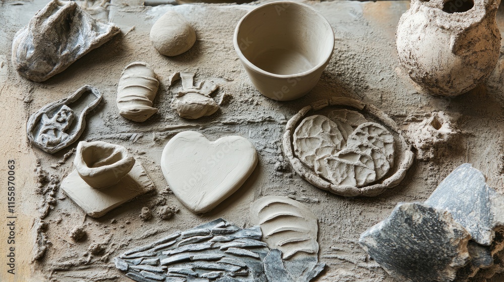 Poster variety of handmade clay objects arranged on a textured clay surface showcasing artistic creativity 
