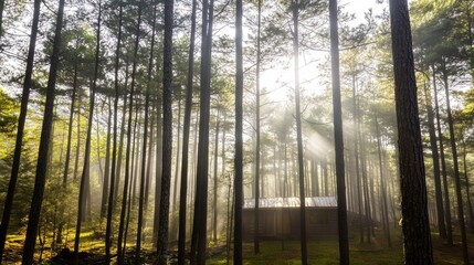 Obraz premium Secluded Cabin in Sun-Dappled Pine Forest 