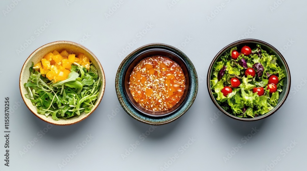 Poster assorted fresh salads and condiments in bowls arranged on a minimalist gray background showcasing he