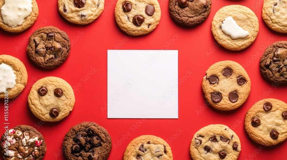 Aufkleber assorted gourmet cookies arranged on a vibrant red background with a blank message card for customiz