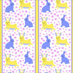 Colorful pattern with blue and yellow bunnies and pink flowers.