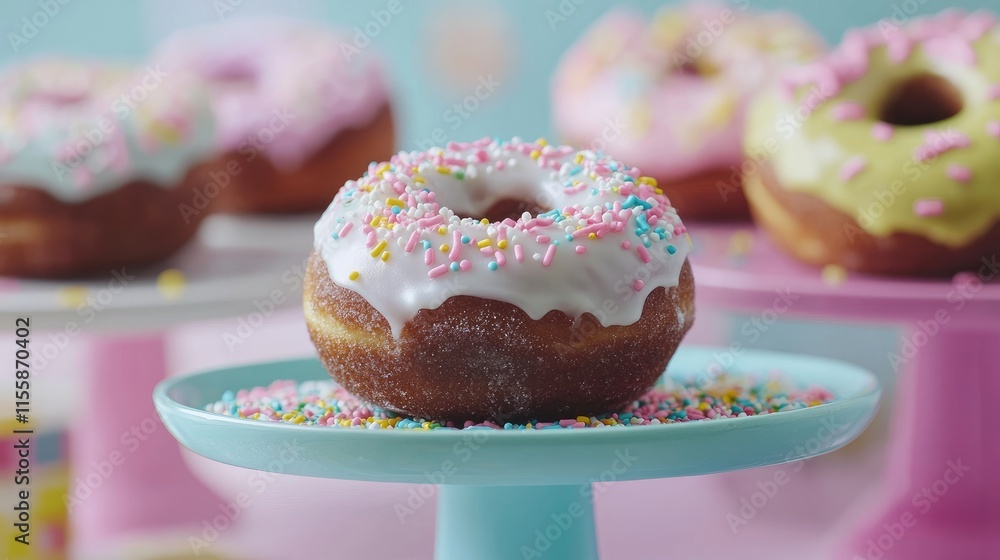 Poster assorted colorful doughnuts with frosting and sprinkles displayed on pastel plate against a soft bac