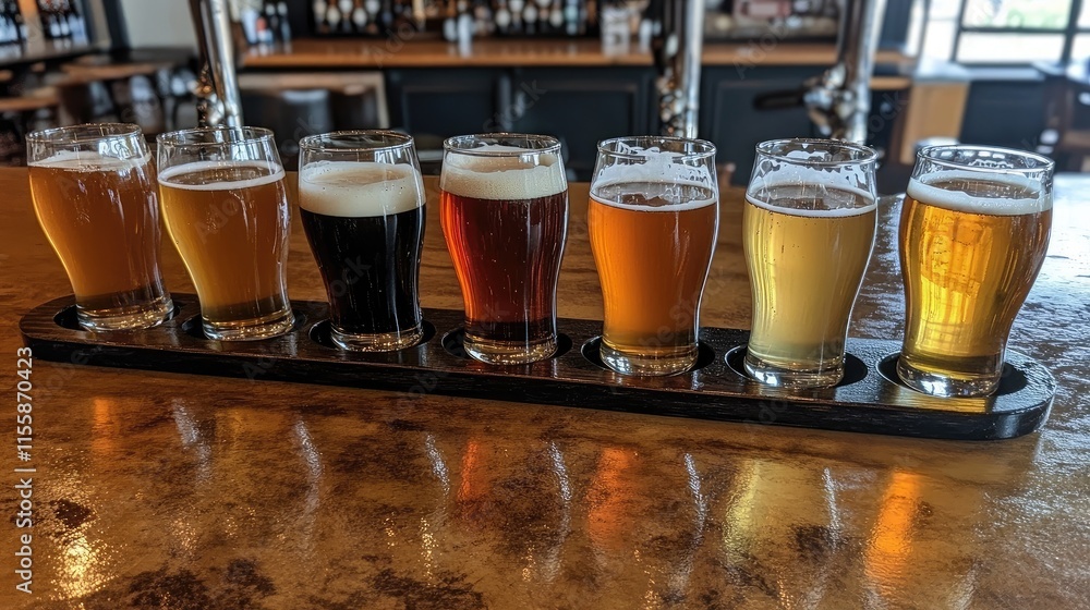 Poster assortment of craft beers in glasses highlighting diverse colors and textures in a rustic bar settin