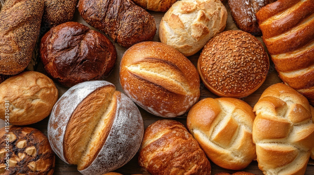 Poster assorted fresh baked breads and rolls arranged on a wooden surface showcasing various textures and c
