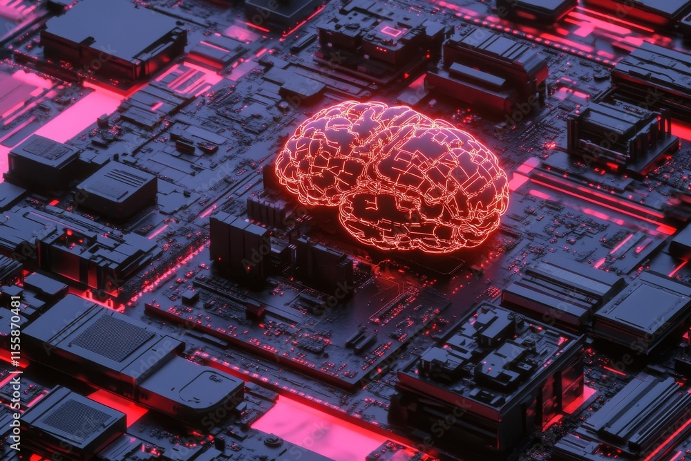 Poster the illustration of a human brain demonstrating intelligent processing using a neural network printe