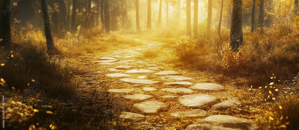 Poster scenic autumn forest pathway illuminated by golden sunlight inviting tranquility and reflection with