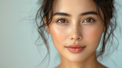 Fototapeta premium Close-up portrait of a woman. Beautiful chinese, korean, asian girl. Cute teenager. Freckles on the cheecks, face. Sun-kissed person. Healthy clean skin, natural beauty, no makeup 