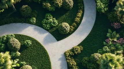 Aerial view of lush green garden with intersecting gravel paths and diverse plant life : Generative AI