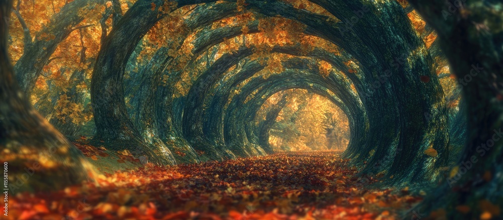 Poster autumn canopy of colorful trees with pathway and deep perspective for text placement in a serene nat