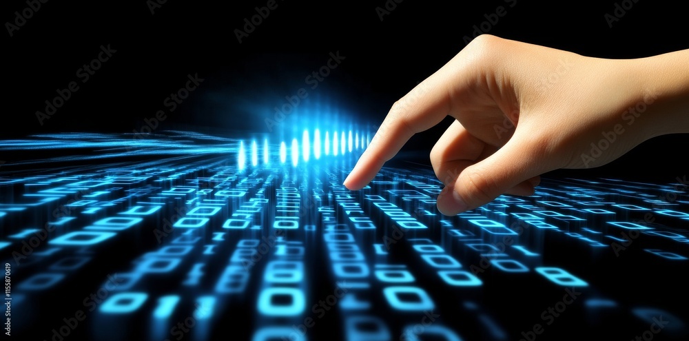 Poster in a scenario with a virtual screen, a person engages with a stream of data flowing across it, apply