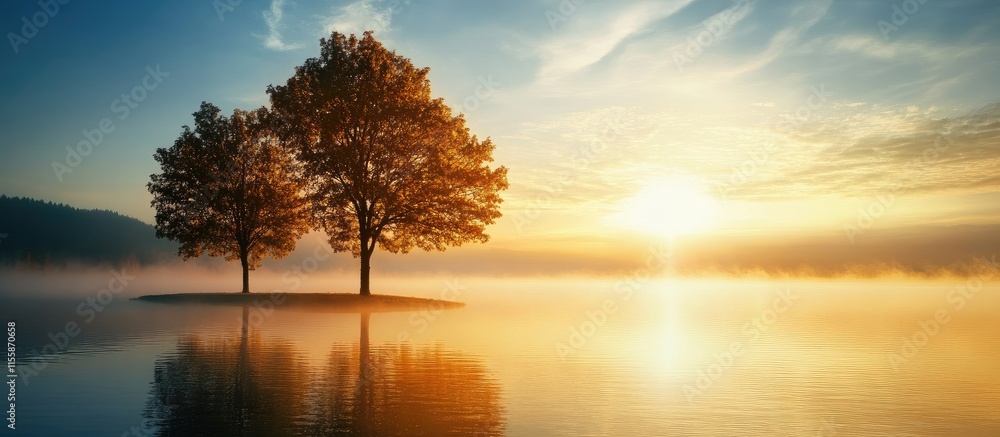 Poster serene autumn morning with fog around isolated trees reflecting in a calm lake at sunrise offering s