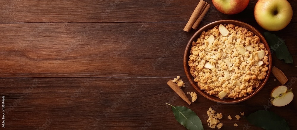 Poster cozy autumn apple crumble pie on rustic wooden table with fresh apples and empty space for inviting 