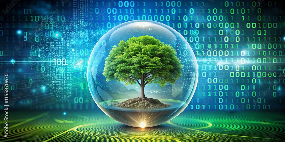 Poster a vibrant, green tree is enclosed in a transparent sphere, set against a backdrop of flowing binary 