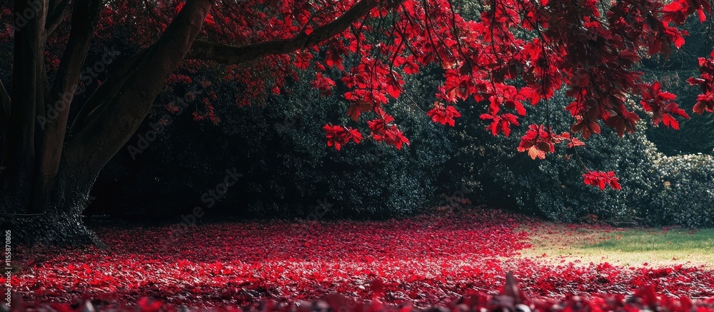 Poster autumn scenery featuring vibrant red leaves in a tranquil park with ample empty space for text overl