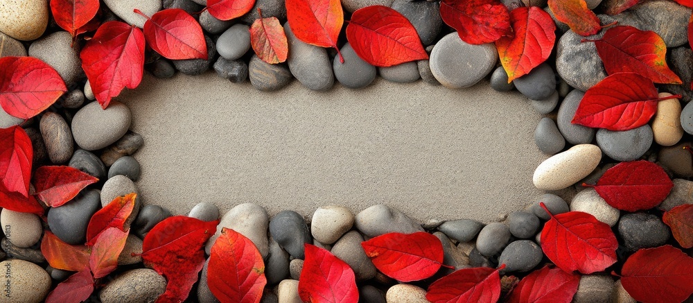 Poster autumn frame design featuring vibrant red leaves arranged on pebbles with an empty space for adding 