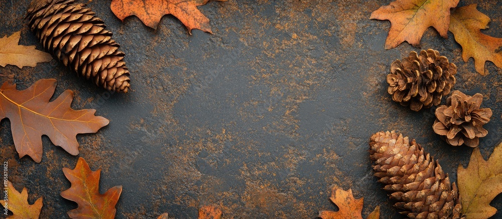 Poster autumn decorative frame with pine cones and colorful leaves on a textured background ideal for seaso
