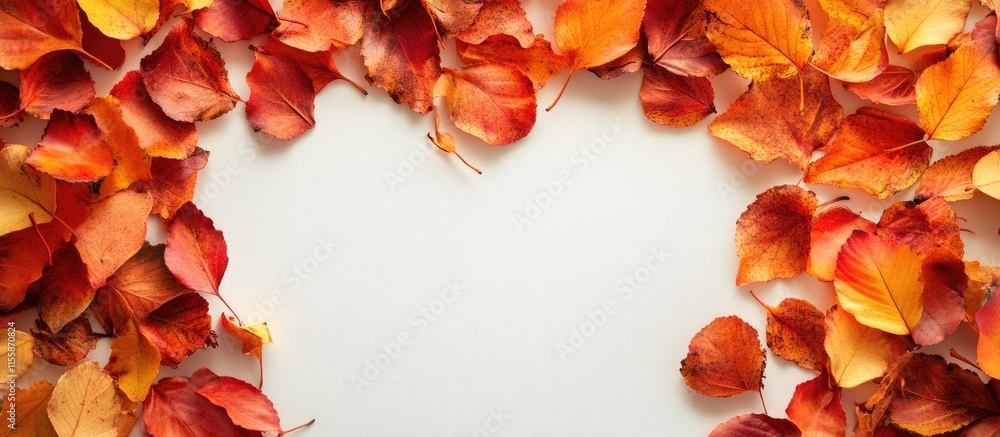 Poster autumn leaves arranged in a heart shape with a blank center for adding personalized text or messages