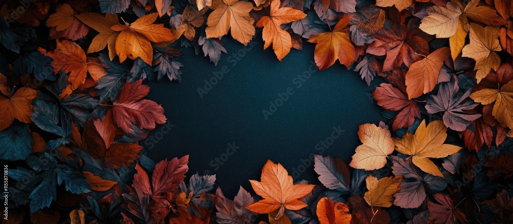 Poster autumn leaves border with vibrant colors creating a vertical frame and empty space for text or seaso