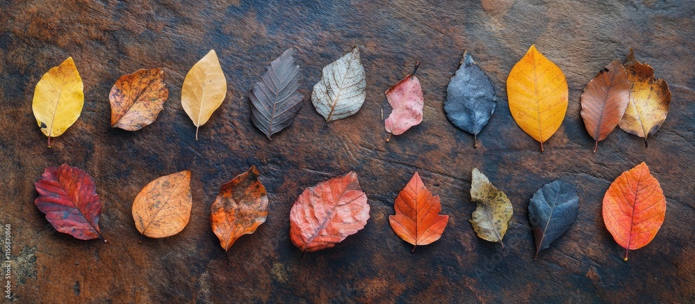 Poster autumn leaves in various shapes and colors arranged on a wooden background creating a natural displa