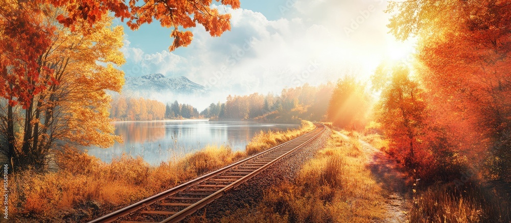 Poster autumn landscape with a serene lake and railroad tracks illuminated by sunlight creating a tranquil 