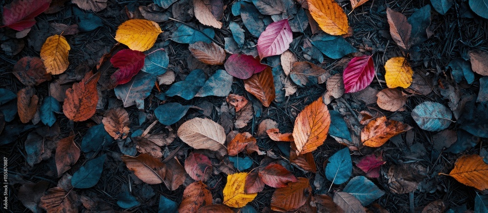 Poster autumn leaves in vibrant colors scattered on the forest floor creating a serene atmosphere with ampl