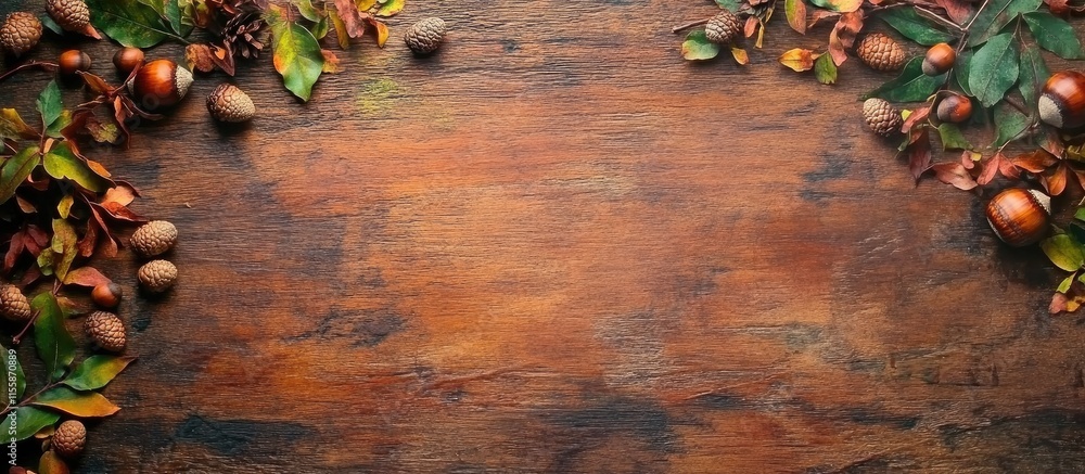 Poster autumn landscape featuring vibrant fall leaves and acorns arranged on a rustic wooden surface with e