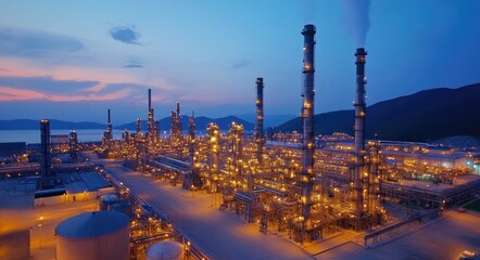 Fototapeta premium Nighttime Aerial Perspective of a Major Petrochemical Refinery: Illuminated Construction and Energy Hub
